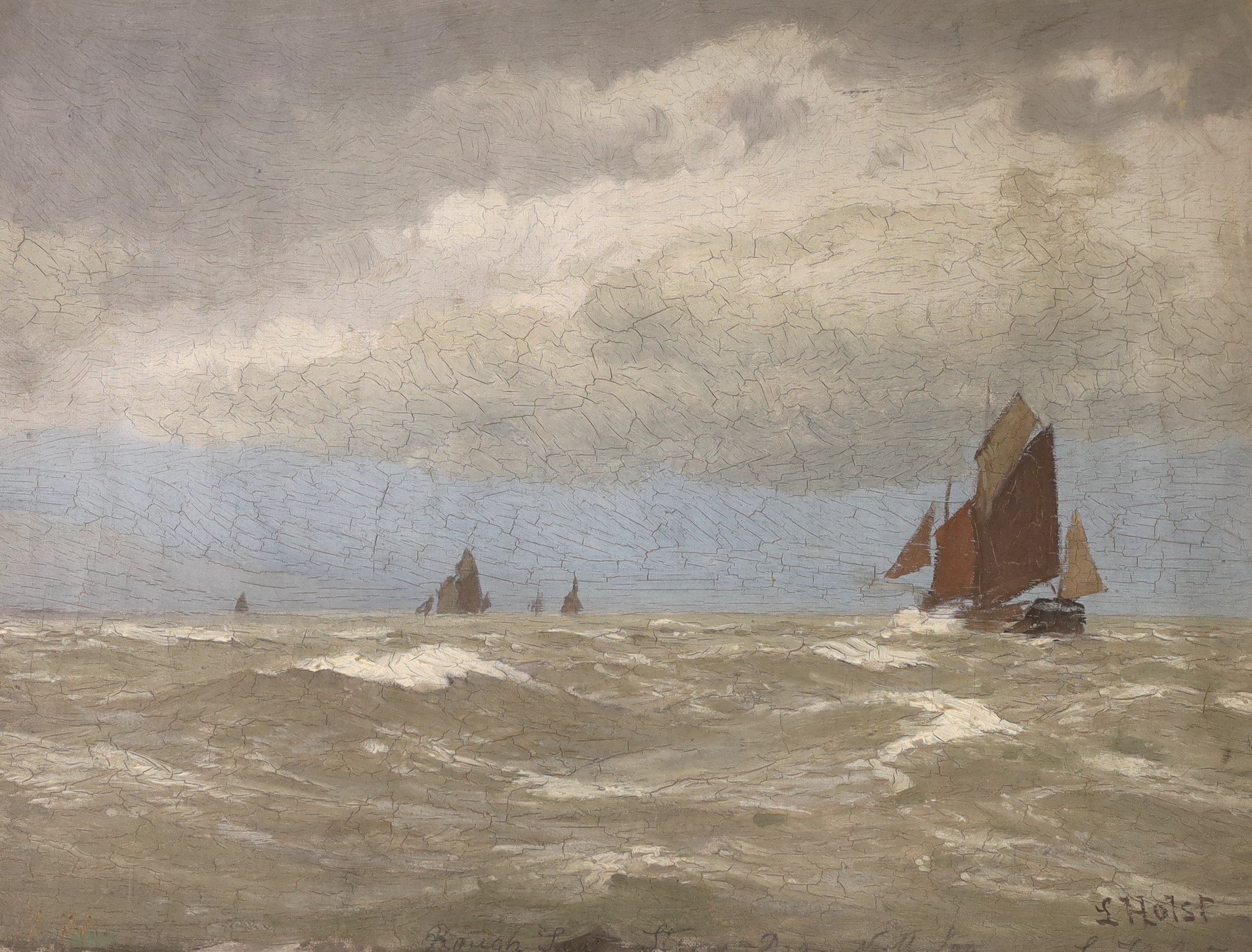 Lauritz Bernard Holst (Danish, 1848-1934), oil on canvas, sketch of fishing boats at sea, signed, 31 x 42cm